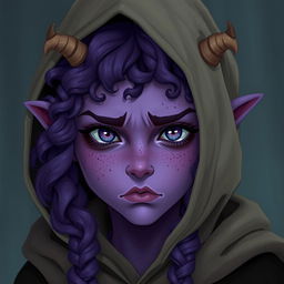 A youthful female tiefling with violet skin and curly long hair