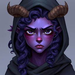 A youthful female tiefling with violet skin and curly long hair