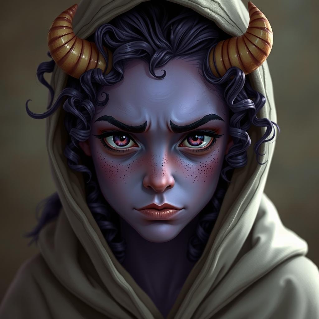 A youthful female tiefling with violet skin and curly long hair