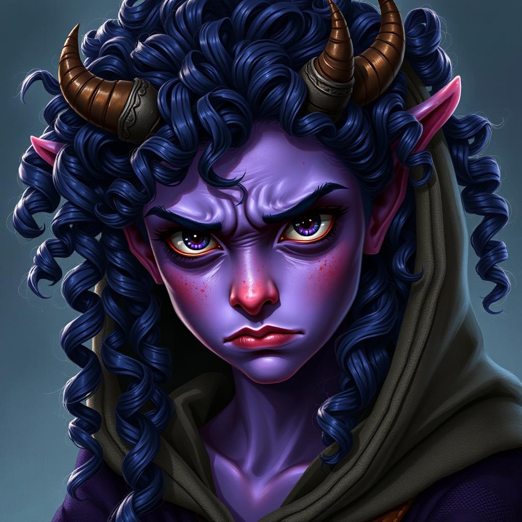 A realistic depiction of a youthful female tiefling with vibrant violet skin and a mass of curly long hair