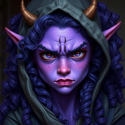 A realistic depiction of a youthful female tiefling with vibrant violet skin and a mass of curly long hair