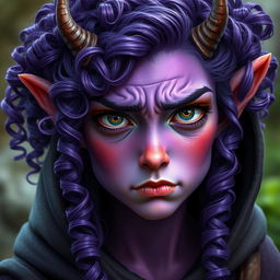 A realistic depiction of a youthful female tiefling with vibrant violet skin and a mass of curly long hair