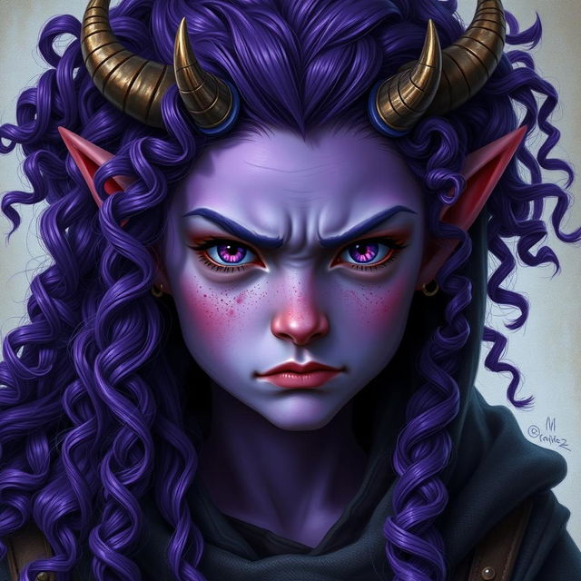 A realistic depiction of a youthful female tiefling with vibrant violet skin and a mass of curly long hair