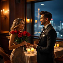 A handsome man with a charming smile, wearing a stylish suit, is attempting to impress a beautiful woman in an elegant dress