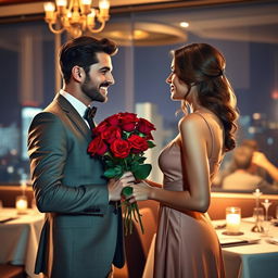 A handsome man with a charming smile, wearing a stylish suit, is attempting to impress a beautiful woman in an elegant dress