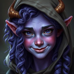 A realistic portrayal of a youthful female tiefling with striking violet skin and curly long hair