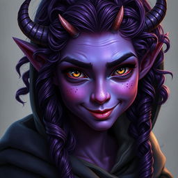 A realistic portrayal of a youthful female tiefling with striking violet skin and curly long hair