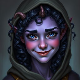 A realistic portrayal of a youthful female tiefling with striking violet skin and curly long hair