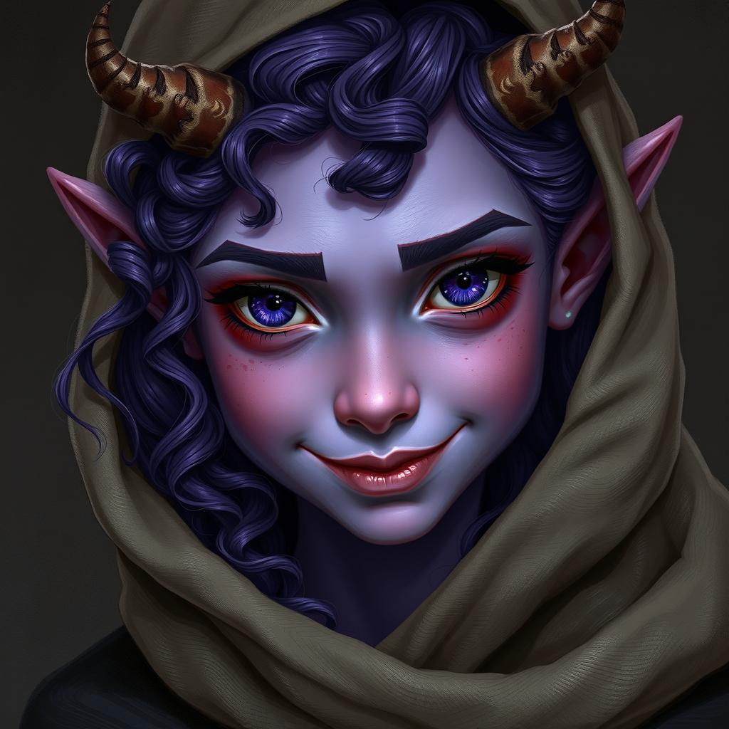 A realistic portrayal of a youthful female tiefling with striking violet skin and curly long hair