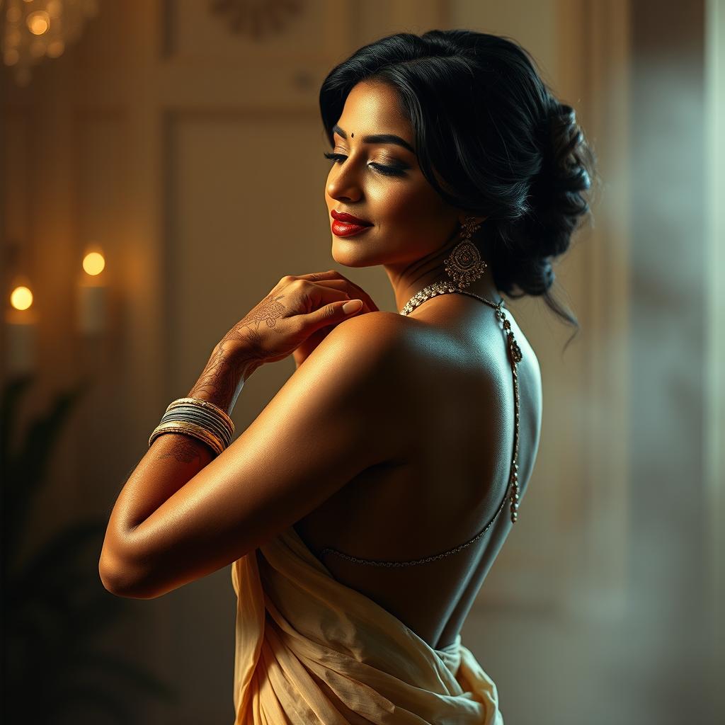 Artistic depiction of an Indian woman embracing her natural beauty in an elegant setting