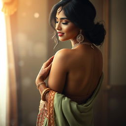 Artistic depiction of an Indian woman embracing her natural beauty in an elegant setting