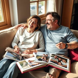 A man and a woman sitting together on a cozy sofa, surrounded by photo albums