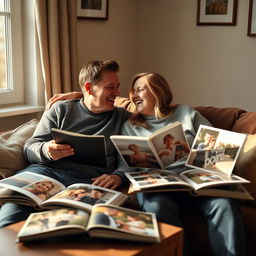 A man and a woman sitting together on a cozy sofa, surrounded by photo albums