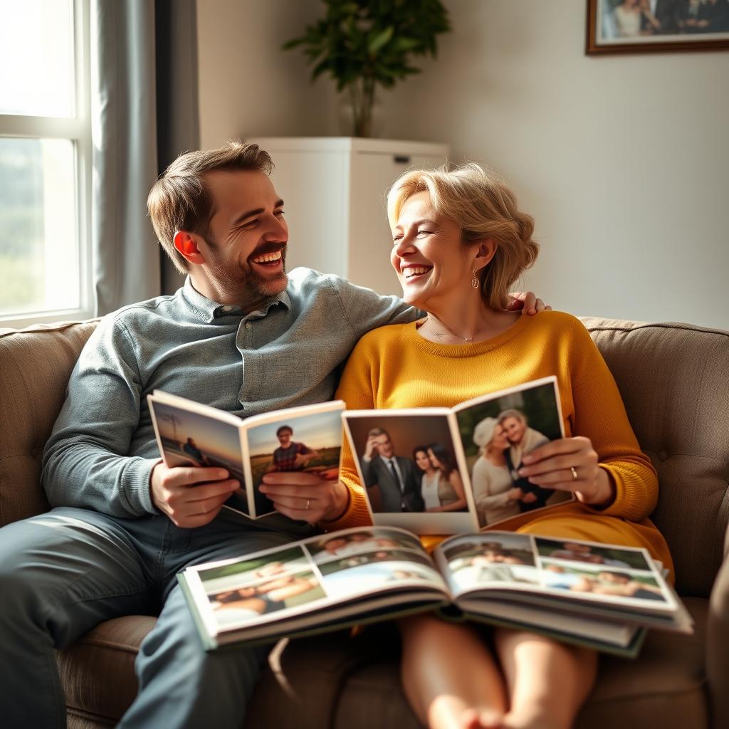 A man and a woman sitting together on a cozy sofa, surrounded by photo albums