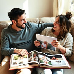 A man and a woman sitting together on a cozy sofa, surrounded by photo albums