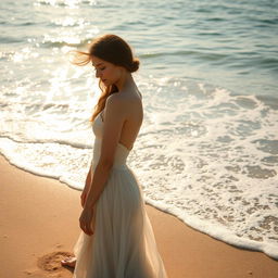 A graceful, serene scene of a woman on a pristine beach, with gentle waves creating a peaceful atmosphere