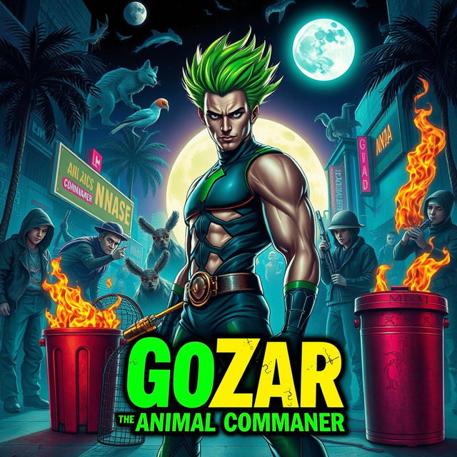 A captivating book cover featuring a male superhero with striking green hair, standing out against a goth punk rock background in a futuristic Miami night scene