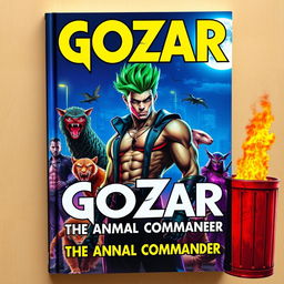 A captivating book cover featuring a male superhero with striking green hair, standing out against a goth punk rock background in a futuristic Miami night scene