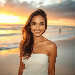 A captivating scene of a woman on a pristine beach, her posture relaxed and imbued with a sense of natural grace