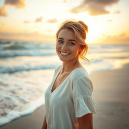 A captivating scene of a woman on a pristine beach, her posture relaxed and imbued with a sense of natural grace