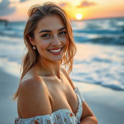 A captivating scene of a woman on a pristine beach, her posture relaxed and imbued with a sense of natural grace