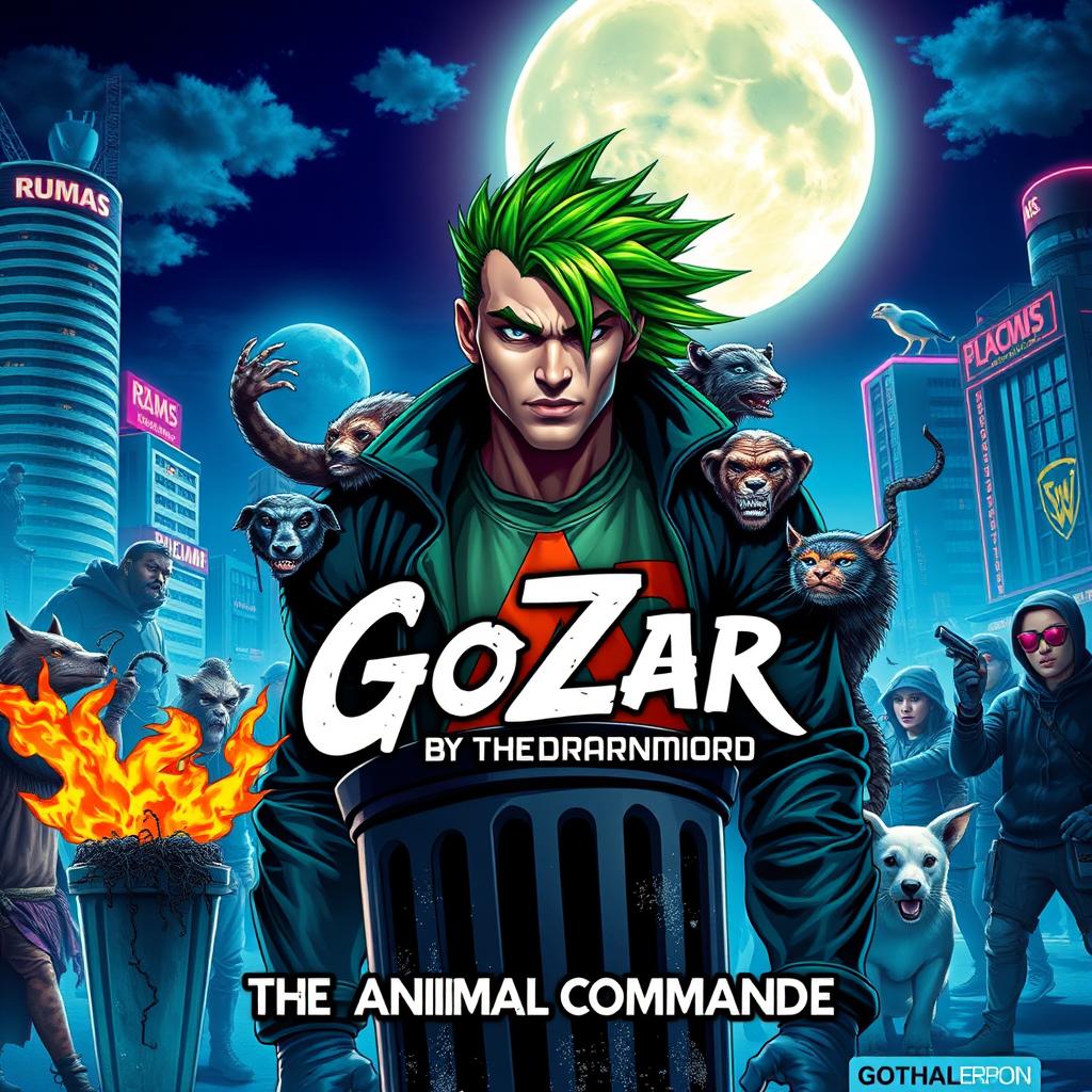 A thrilling novel book cover featuring a male superhero with vivid green hair, set against a goth punk rock background in a futuristic Miami night scene