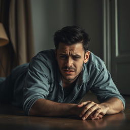 A man crying on the floor in an emotional, expressive manner