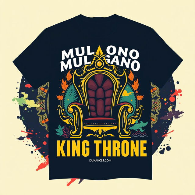 A trendy t-shirt design featuring the text 'Mulyono & The Gank' and 'King Throne'