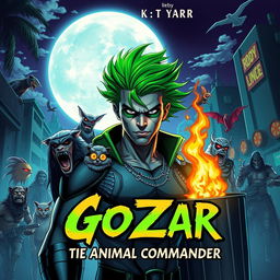 A striking novel book cover showcasing a male superhero with vibrant green hair against a goth punk rock background in a futuristic Miami night scene