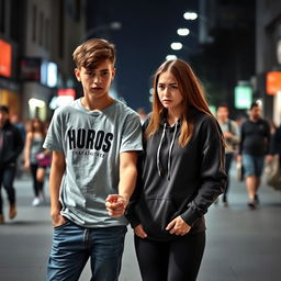 A teenage boy gently holding the hand of his annoyed girlfriend, trying to keep her from leaving