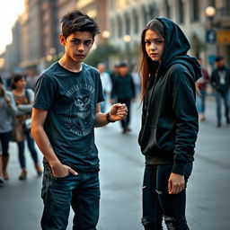 A teenage boy gently holding the hand of his annoyed girlfriend, trying to keep her from leaving