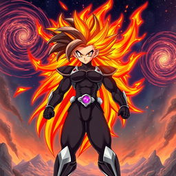 In the Dragon Ball Z art style, Echalott in her 'Celestial Fury' transformation, inspired by the Super Saiyan God form