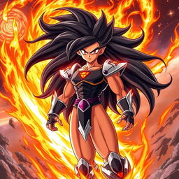 In the Dragon Ball Z art style, Echalott in her 'Celestial Fury' transformation, inspired by the Super Saiyan God form