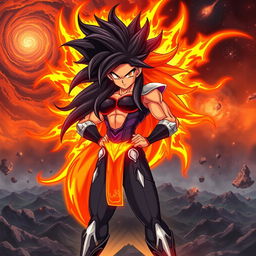 In the Dragon Ball Z art style, Echalott in her 'Celestial Fury' transformation, inspired by the Super Saiyan God form