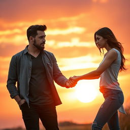 A man holding the hand of his angry girlfriend who is walking away, with a beautiful sunset in the background