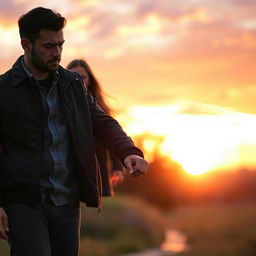 A man holding the hand of his angry girlfriend who is walking away, with a beautiful sunset in the background