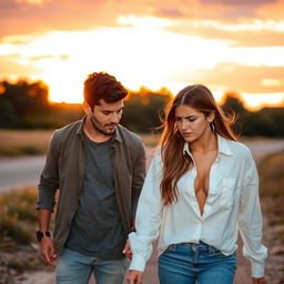 A man holding the hand of his angry girlfriend who is walking away, with a beautiful sunset in the background