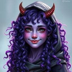 A youthful female tiefling teenager with alluring violet skin and a cascade of curly long hair