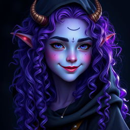 A youthful female tiefling teenager with alluring violet skin and a cascade of curly long hair