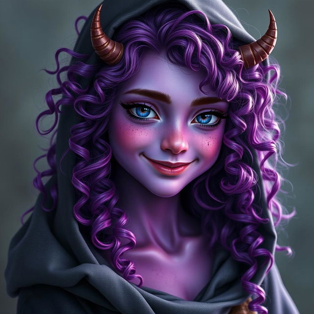 A youthful female tiefling teenager with alluring violet skin and a cascade of curly long hair