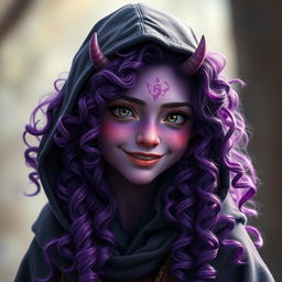 A youthful female tiefling teenager with alluring violet skin and a cascade of curly long hair