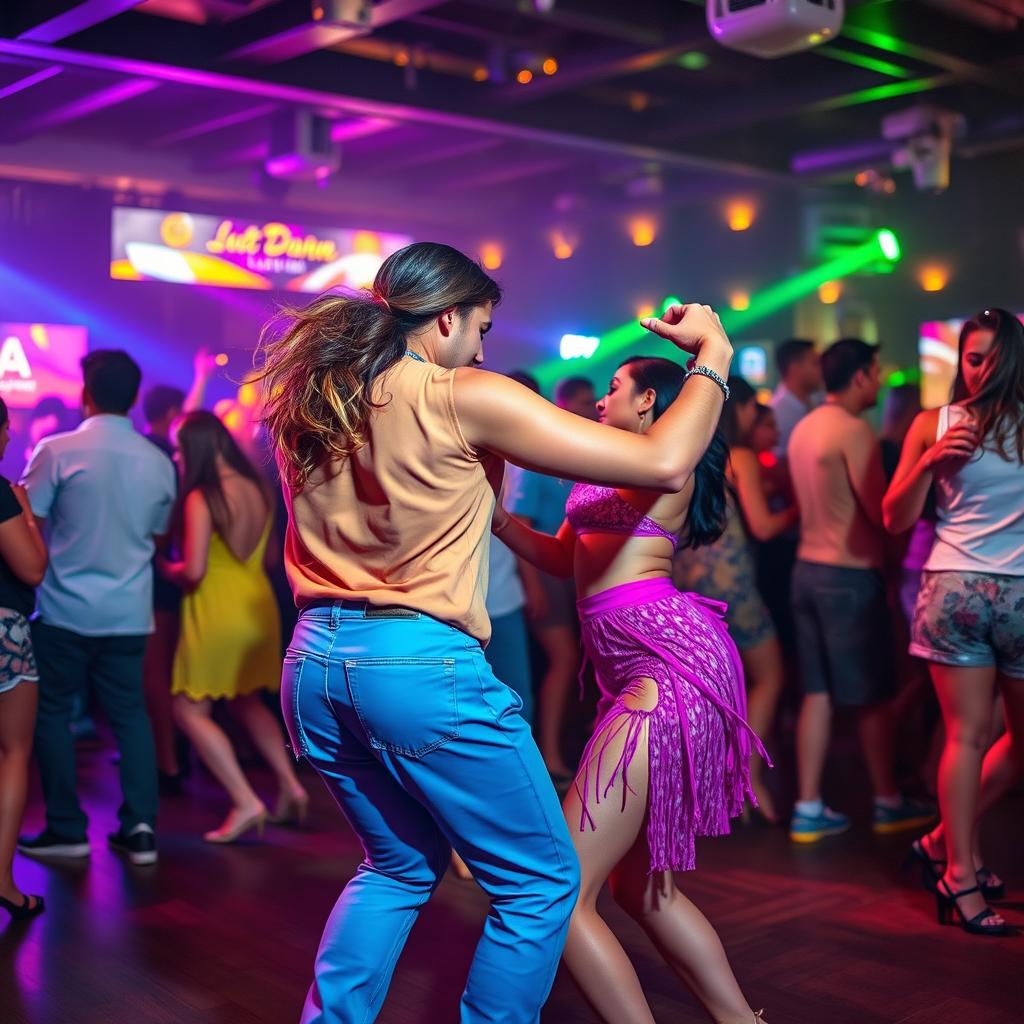 A vibrant scene of a lively dance floor featuring a woman energetically dancing reggaeton with a man, showcasing strong dance movements