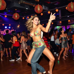 A vibrant scene of a lively dance floor featuring a woman energetically dancing reggaeton with a man, showcasing strong dance movements