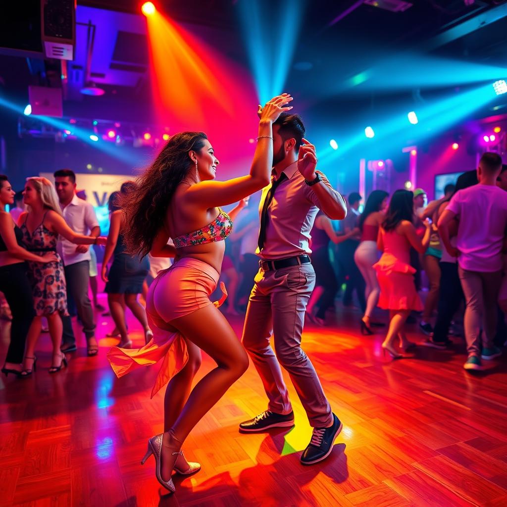 A vibrant scene of a lively dance floor featuring a woman energetically dancing reggaeton with a man, showcasing strong dance movements