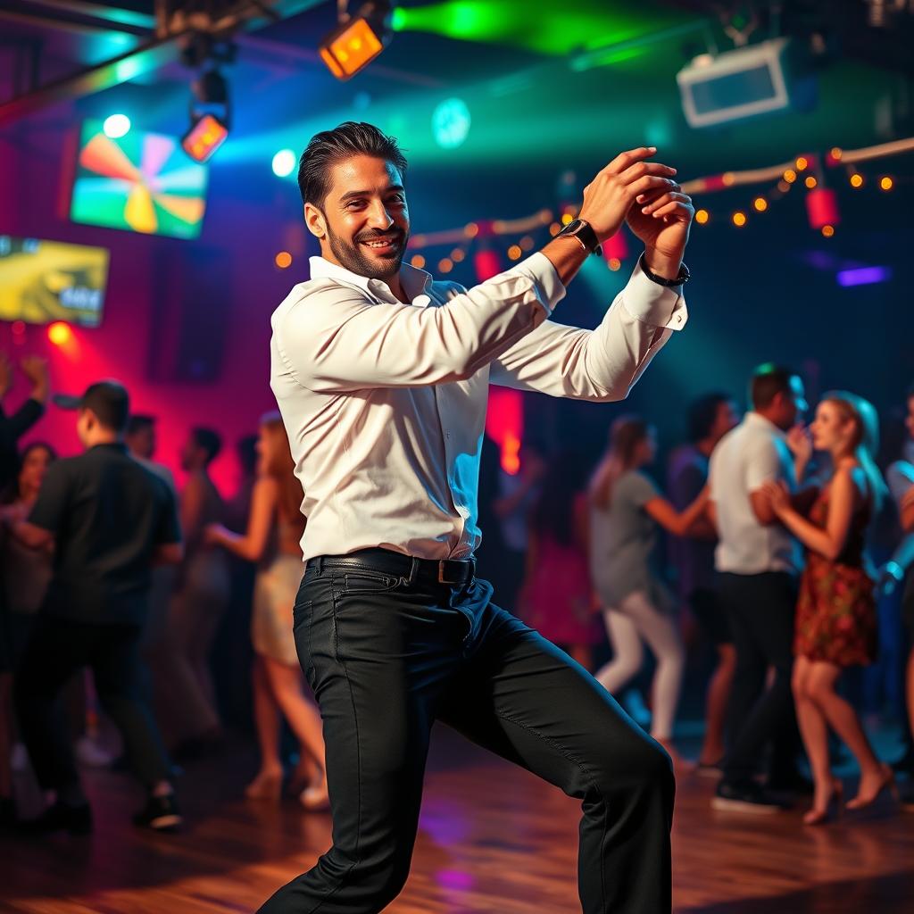 A handsome man dancing bachata passionately