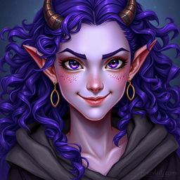 A fantasy portrait of a teenage female tiefling characterized by radiant violet skin and flowing curly long hair