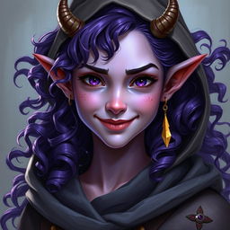 A fantasy portrait of a teenage female tiefling characterized by radiant violet skin and flowing curly long hair