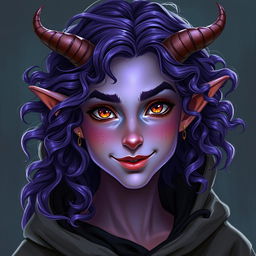 A fantasy portrait of a teenage female tiefling characterized by radiant violet skin and flowing curly long hair