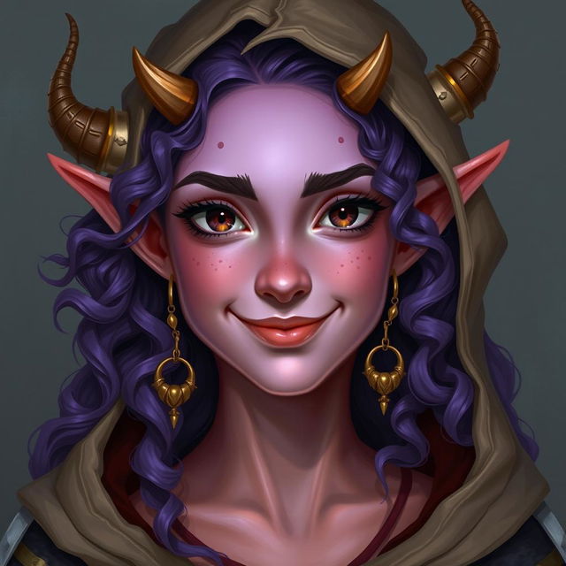 A fantasy portrait of a teenage female tiefling characterized by radiant violet skin and flowing curly long hair