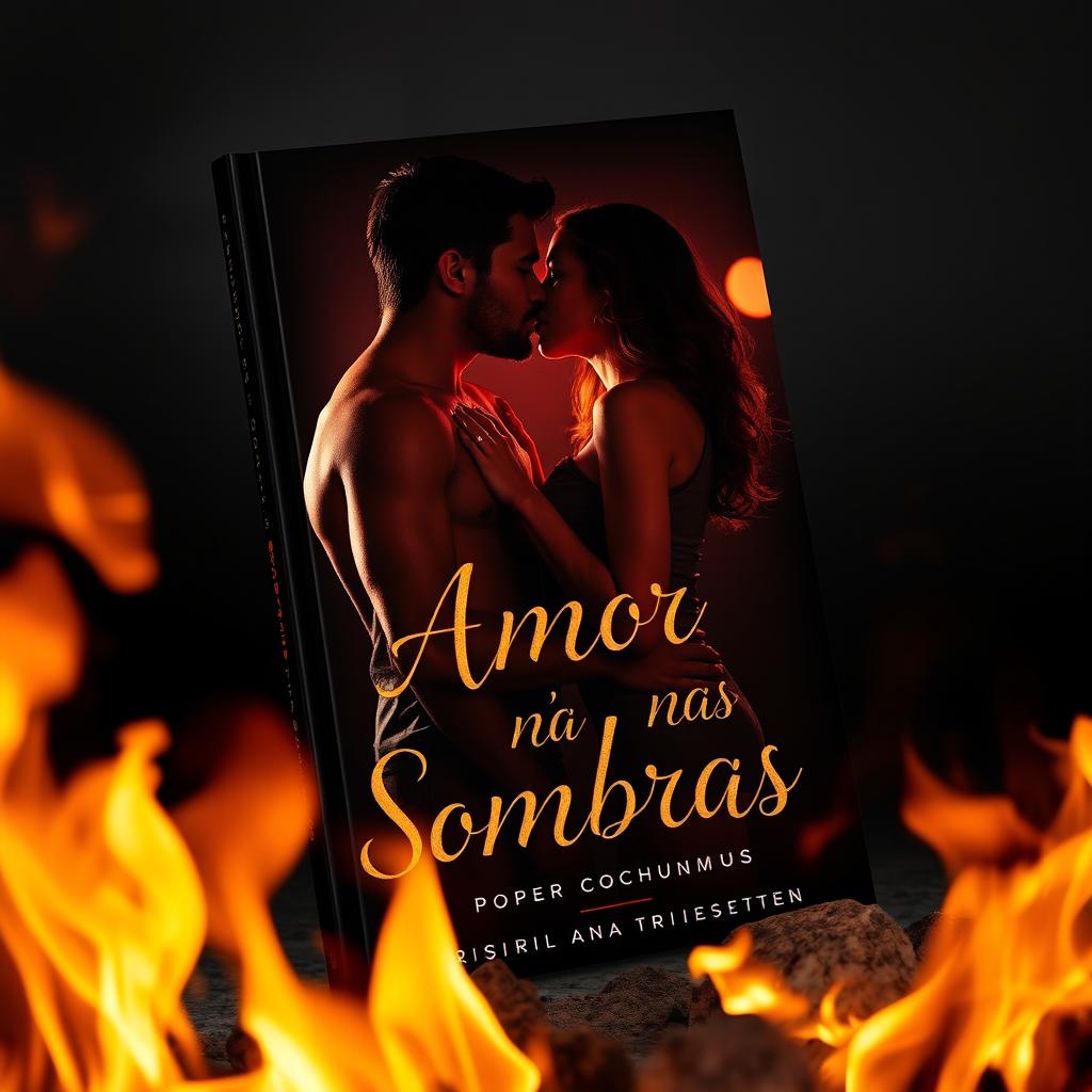 a book cover titled 'Amor nas Sombras', featuring intense flames in the foreground casting dramatic shadows